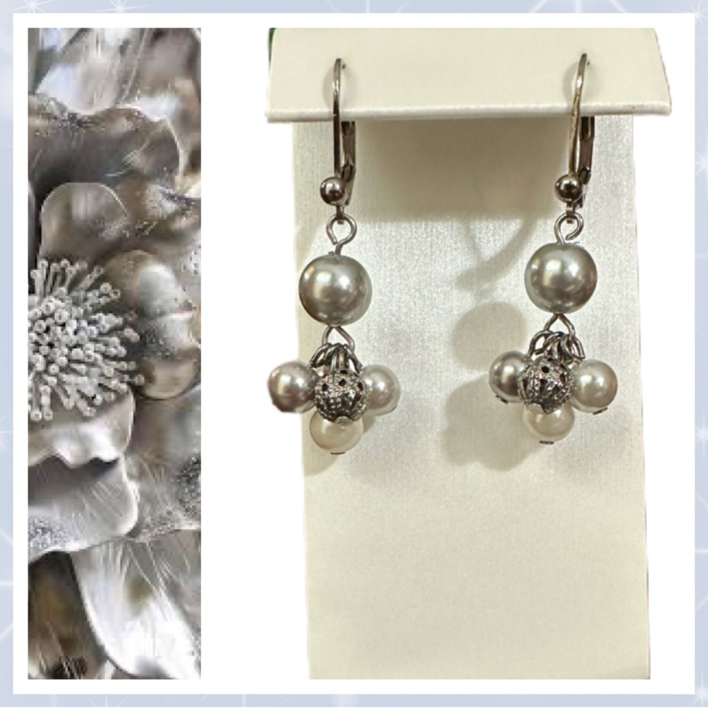 Shades of silver Pearls with Silver tone Accents. Lever Back Earrings